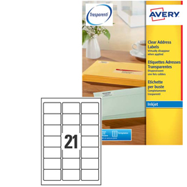 Poliestere adesivo J8560 trasparente 25fg A4 63,5x38,1mm (21et/fg) inkjet Avery