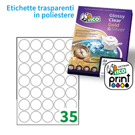 Poliestere adesivo PC4 trasparente 100fg A4 Ø36mm (35et/fg) laser Tico