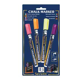 BLISTER 4 MARCATORI A GESSO LIQUIDO (arancio-rosa-viola-gia) 1-2mm Fine Securit