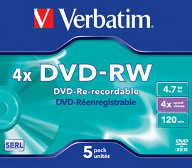 SCATOLA 5 DVD-RW JEWEL CASE 4X 4.7GB 120MIN. SERIGRAFATO