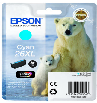 CARTUCCIA CIANO EPSON CLARIA PREMIUM, SERIE 26XL/ORSO POLARE, IN BLISTER