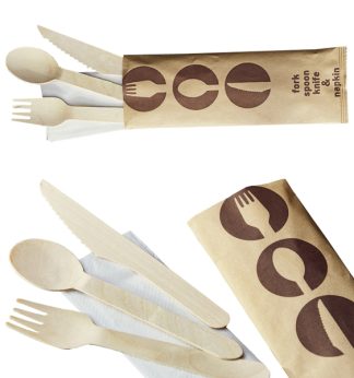48 Tris Cucchiaio coltello e forchetta in legno 16cm con tovagliolo Leone