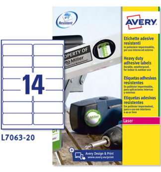 Poliestere adesivo L7063 bianco 20fg A4 99,1x38,1mm (14et/fg) laser Avery