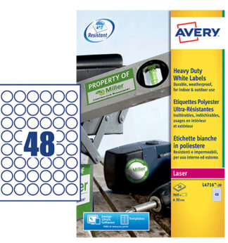 Poliestere adesivo L4716 bianco 20fg A4 D. 30mm (48et/fg) laser Avery