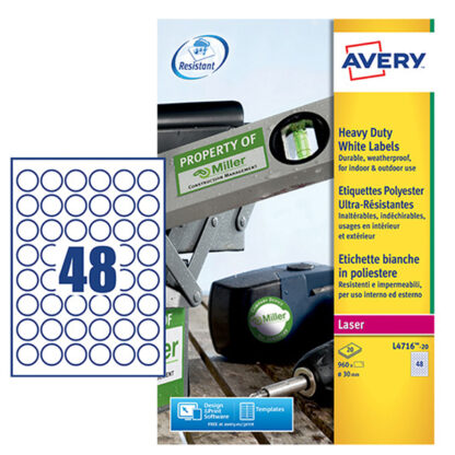 Poliestere adesivo L4716 bianco 20fg A4 D. 30mm (48et/fg) laser Avery