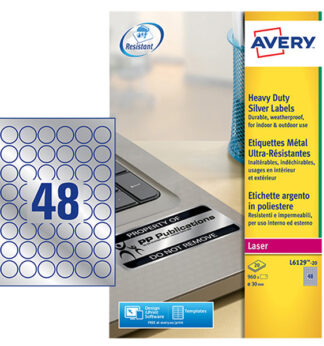 Poliestere adesivo L6129 argento 20fg A4 D. 30mm(48et/fg) laser Avery