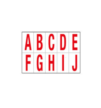 Foglio con 10 lettere autoadesive da A a J rosso/bianco 70x124mm