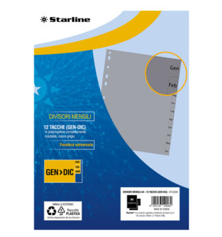 Divisori mensili (GEN-DIC) in PP 12 tacche F.to A4 21x29,7cm Grigio Starline